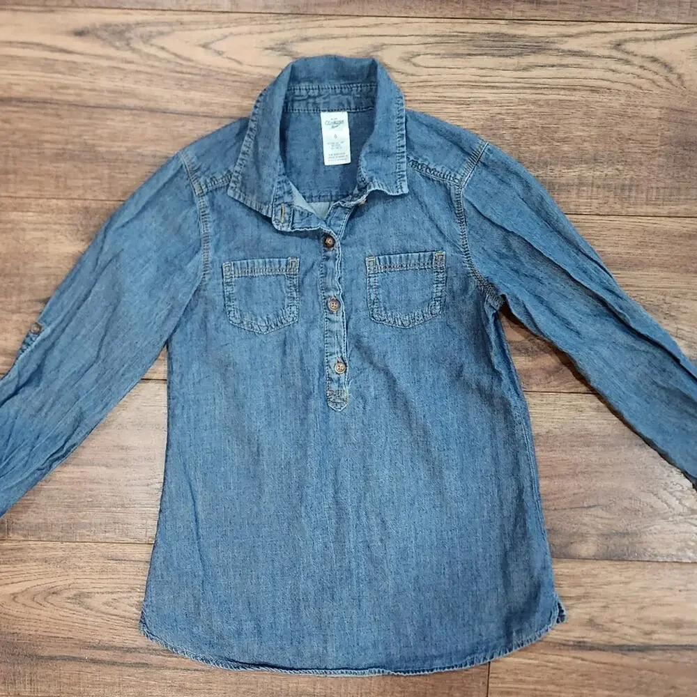 OshKosh B'gosh Girl's Denim Long Sleeve Quarter Button Down Pullover Top Size 6